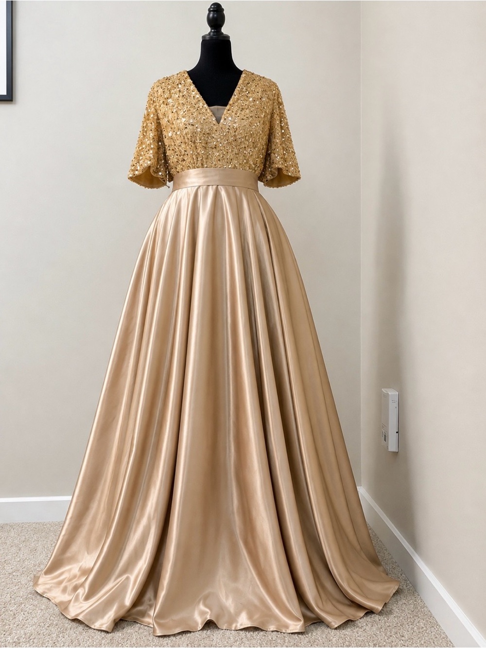 Gold Sequin Bodice Champagne Satin Ball Gown